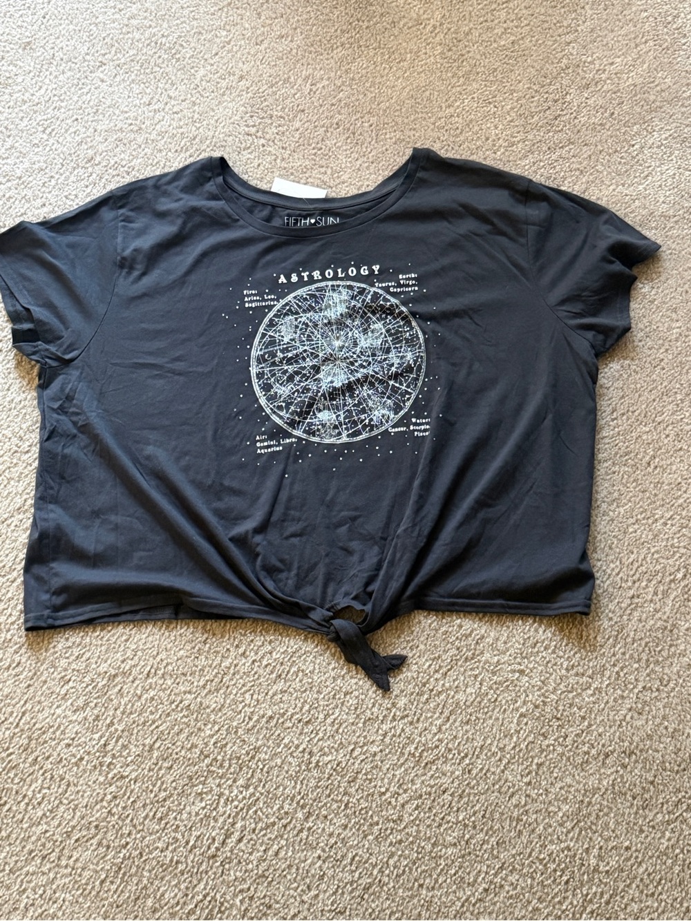 Fifth Sun Black Astrology Knot-Front Tee with White Constellation Graphic - Picture 1 of 4